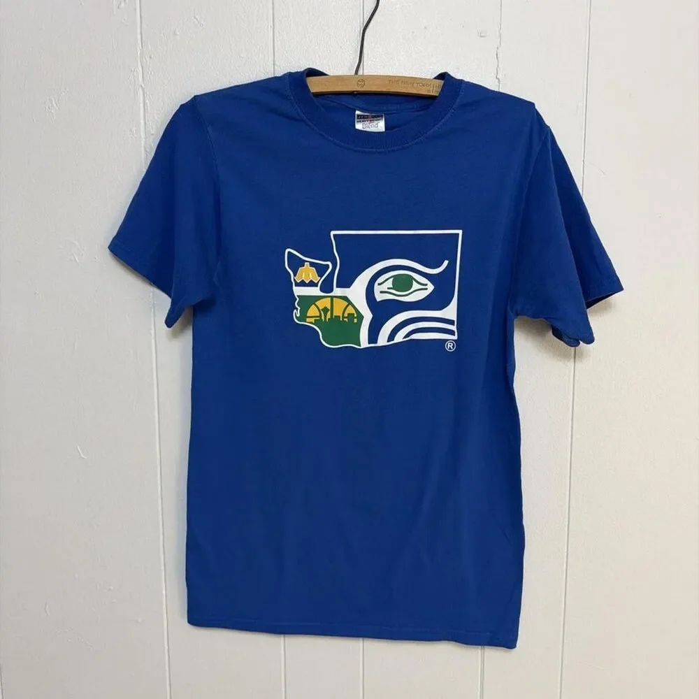 Seattle Seahawks/Mariners/Sonics Retro Graphic Blue T-shirt Women's Small